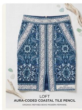LOFT Mosaic Blue Greek Tile Front Slit Pencil Skirt Vacation Chic Skirt